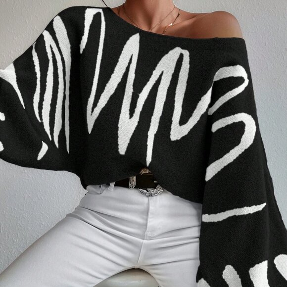 black white Casual Women's Striped Pattern Batwing Sleeve Loose Pullover Sweater - Picture 1 of 7